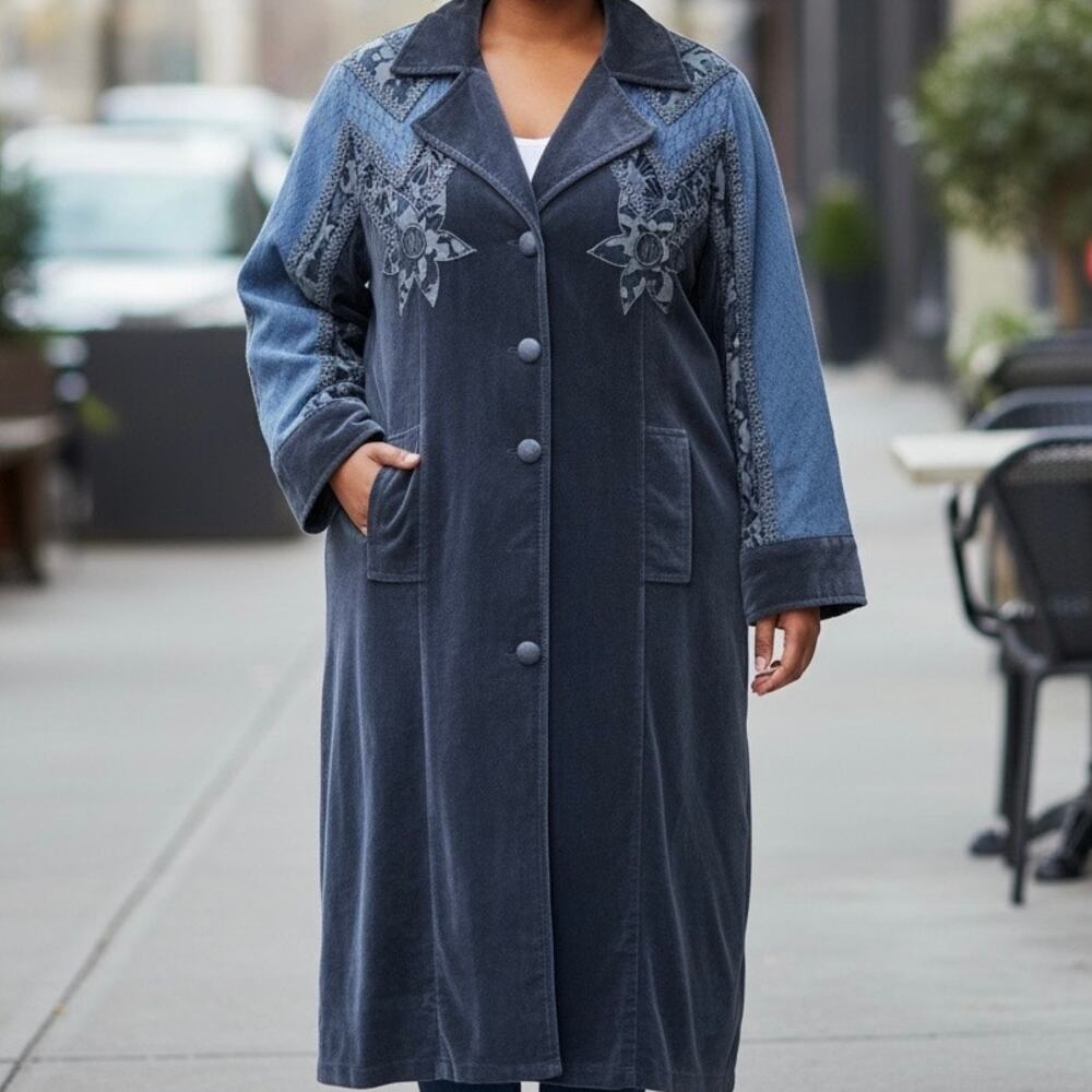 Newport News Women's Vintage Boho Velvet Lace Trim Trench Coat XL Blue